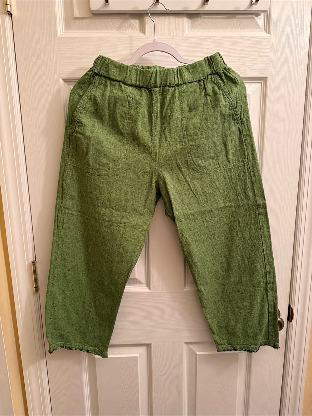 cut loose Olive Green Elastic-Waist linen pants - Picture 8 of 12